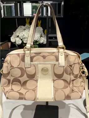 Coach Beige Signature Canvas Satchel with Metallic Trim